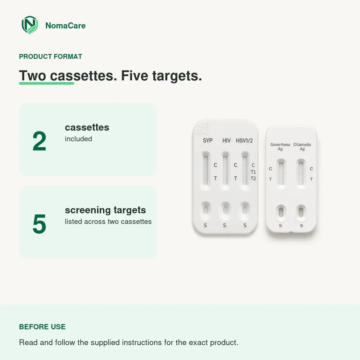 NomaCare 5-in-1 product format: two cassettes with five screening targets