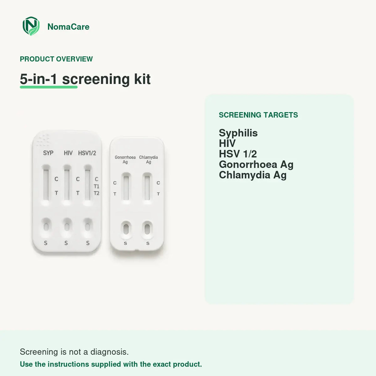 NomaCare 5-in-1 screening targets: Syphilis, HIV, HSV 1/2, Gonorrhoea Ag and Chlamydia Ag