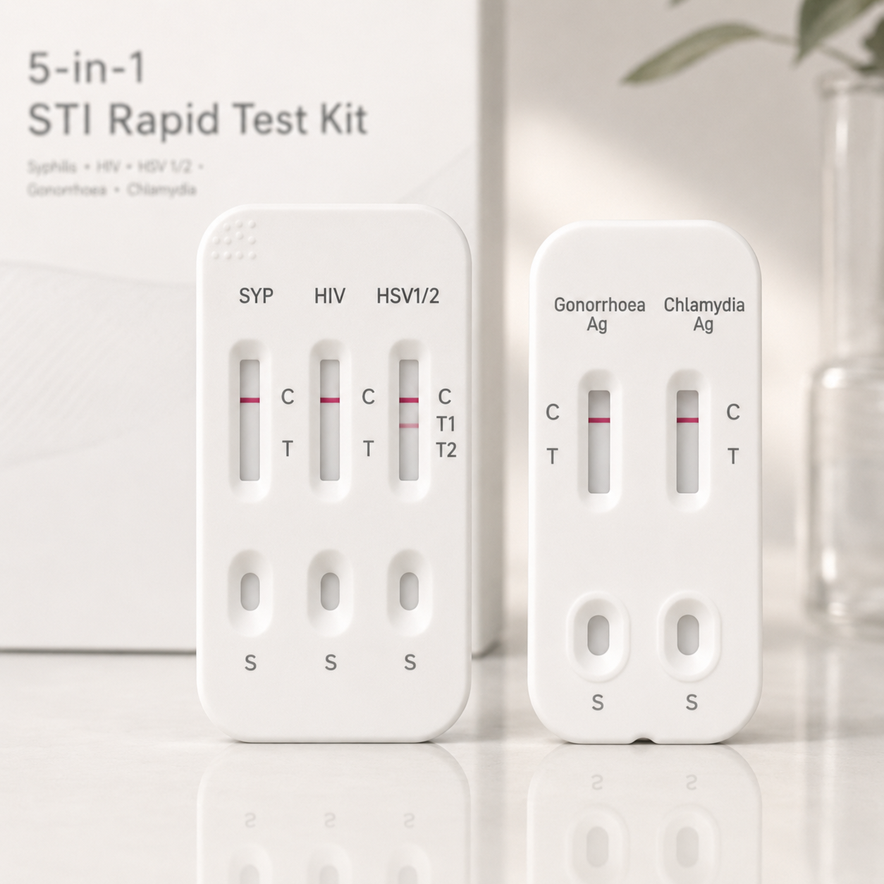 Close-up of the Syphilis, HIV, HSV 1/2, Gonorrhoea and Chlamydia screening cassettes