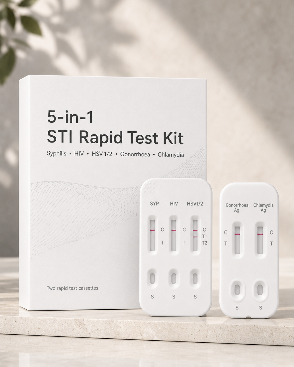 NomaCare 5-in-1 STI Rapid Test Kit with two white test cassettes and premium white packaging