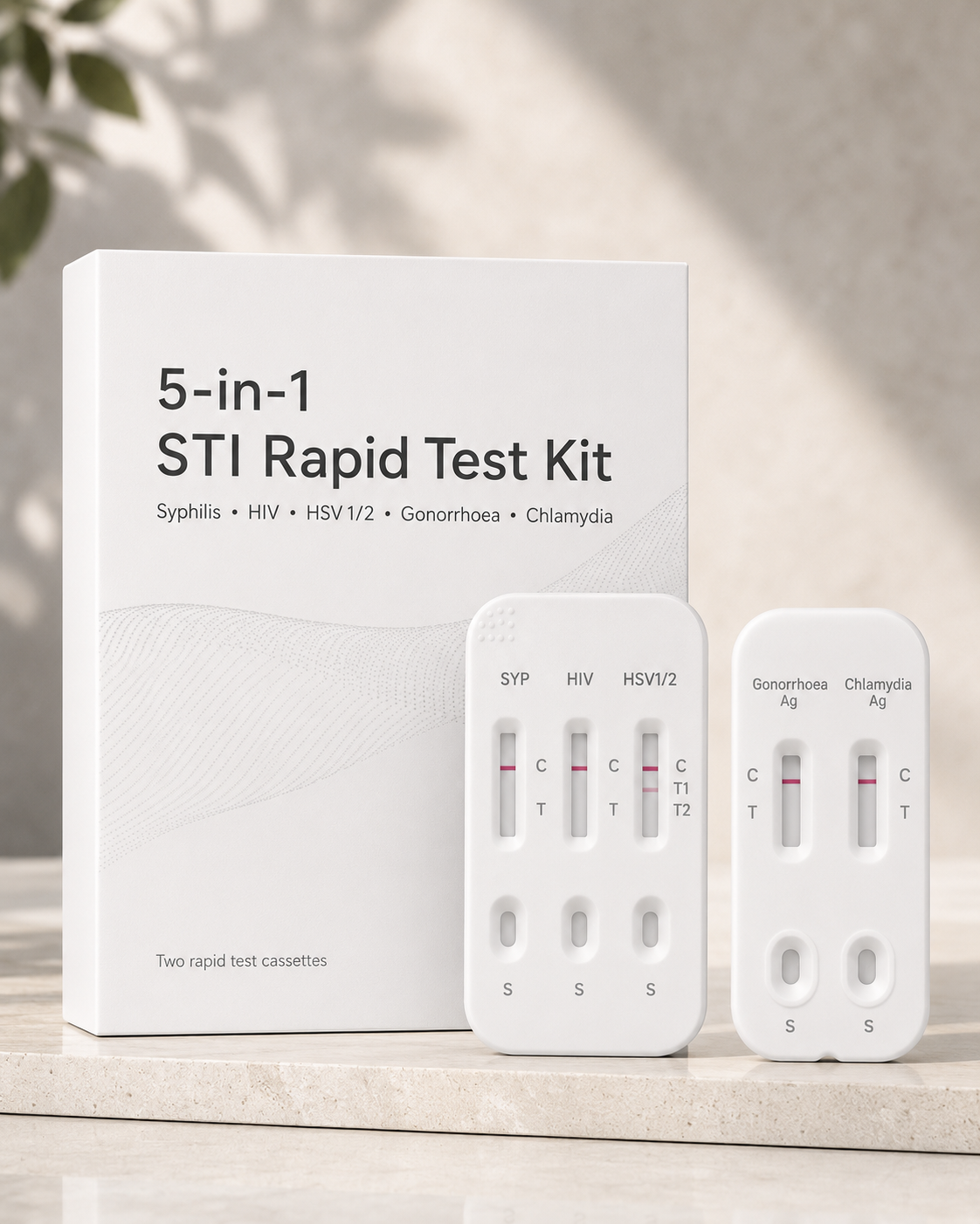NomaCare 5-in-1 STI Rapid Test Kit with two white test cassettes and premium white packaging