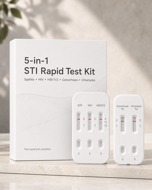 NomaCare 5-in-1 STI Rapid Test Kit with two white test cassettes and premium white packaging