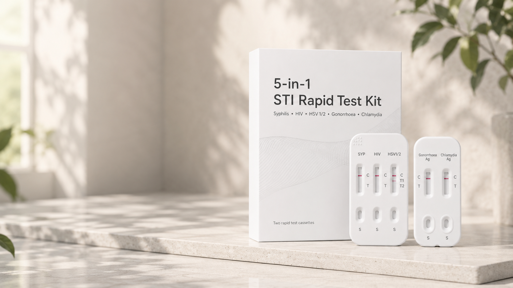 NomaCare 5-in-1 STI Rapid Test Kit displayed in a discreet premium home setting