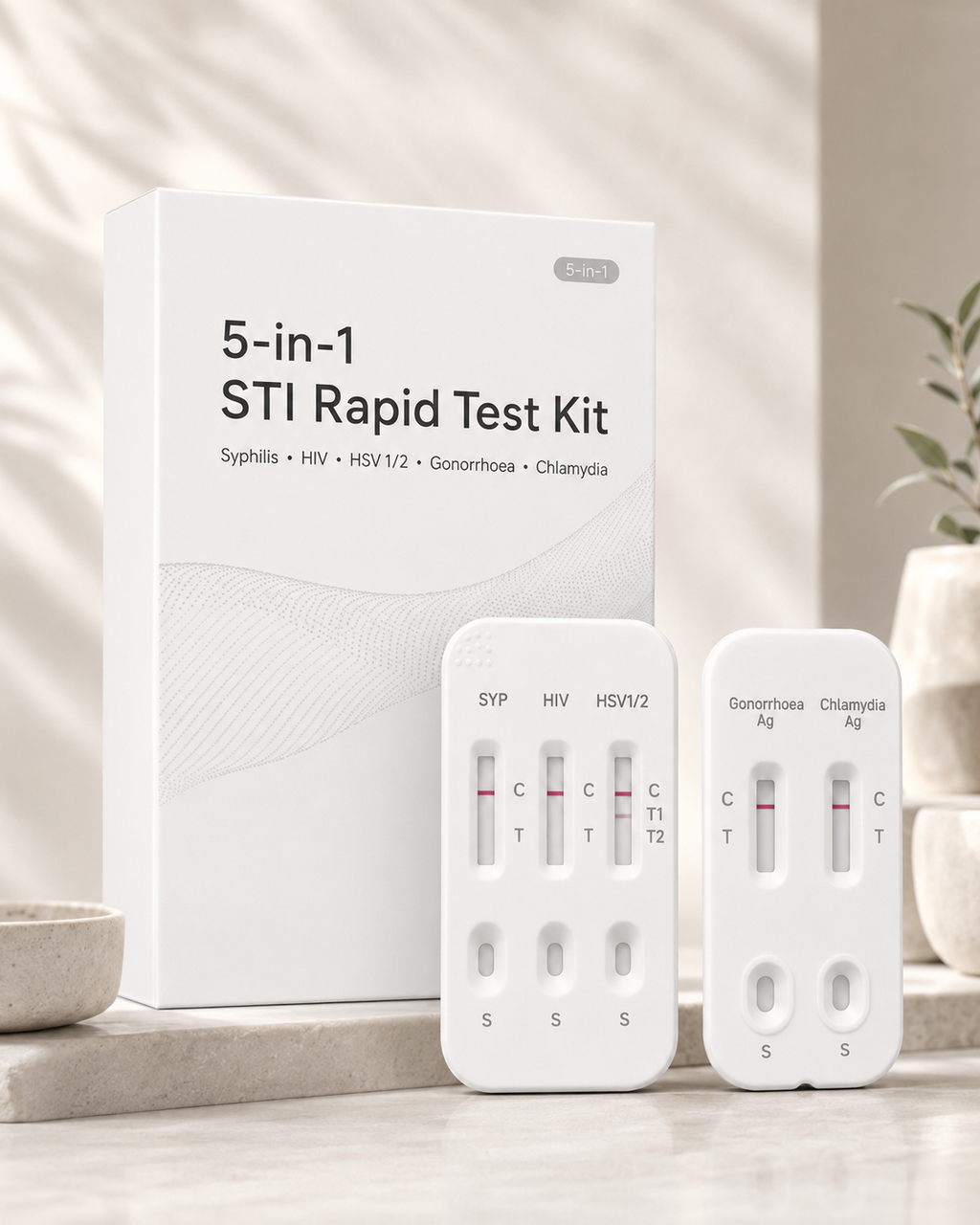 Three-quarter product view of the NomaCare 5-in-1 STI Rapid Test Kit and both screening cassettes