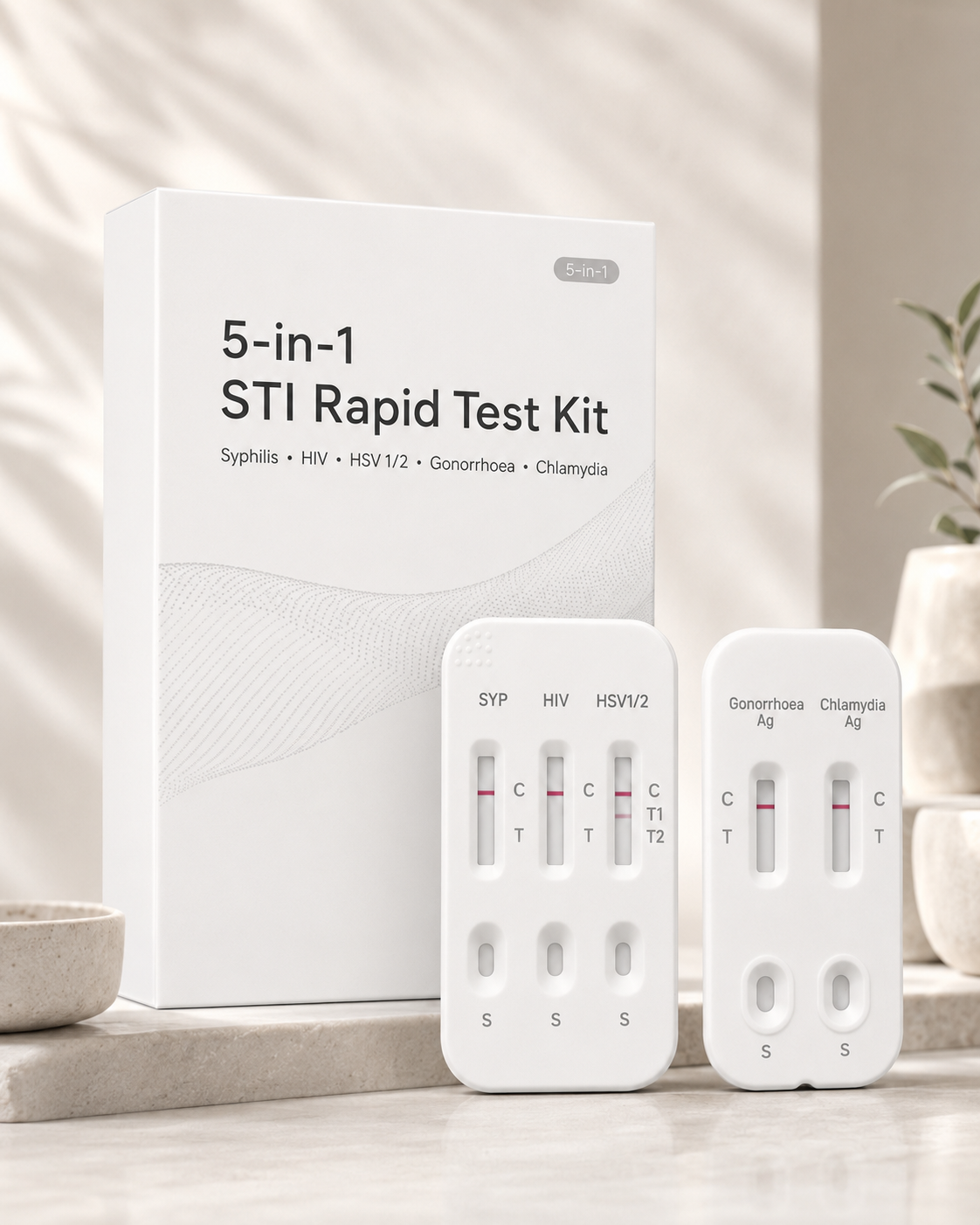 Three-quarter product view of the NomaCare 5-in-1 STI Rapid Test Kit and both screening cassettes