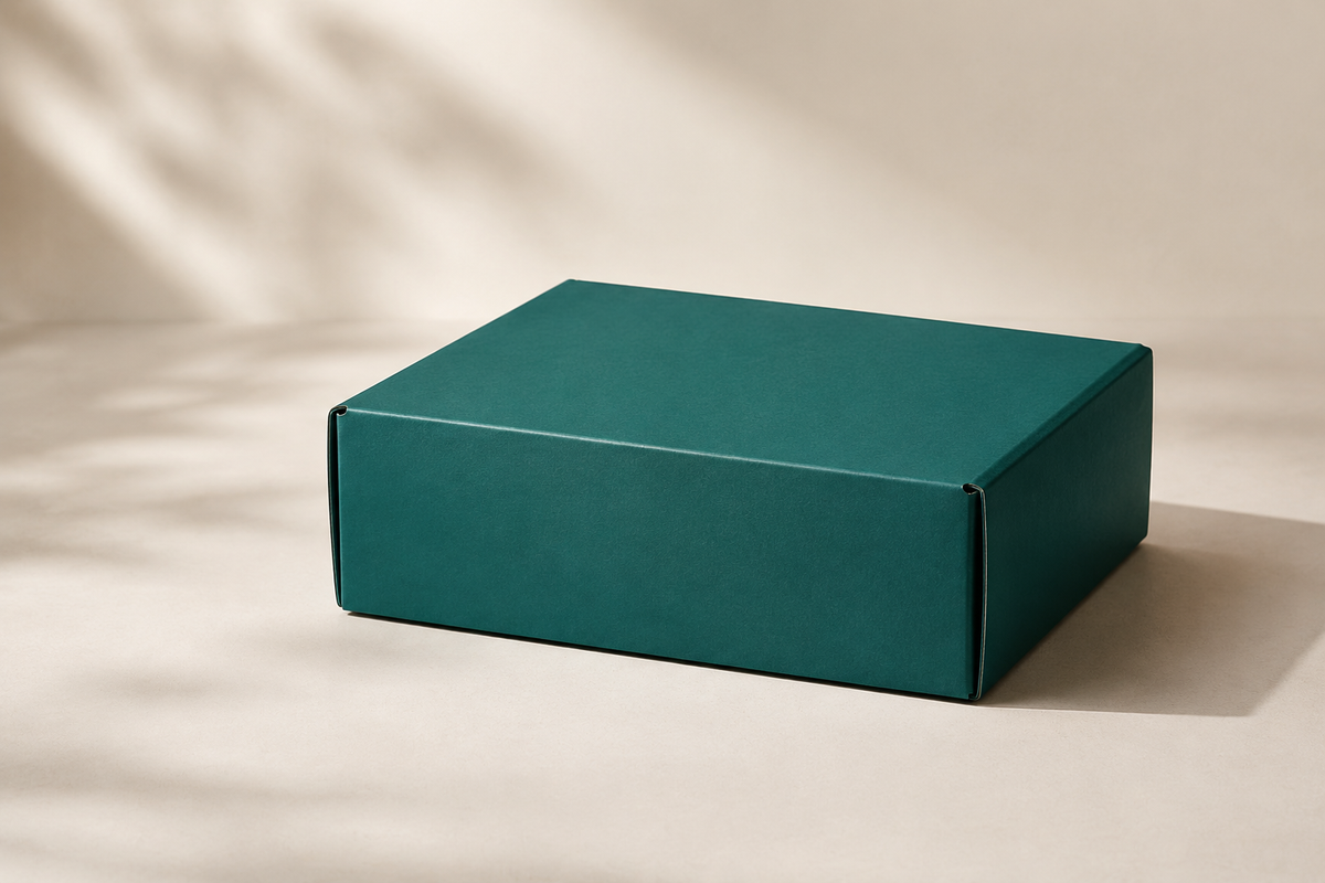 Sealed teal delivery box on a neutral studio background