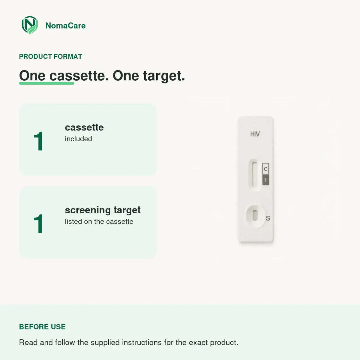 NomaCare HIV product format: one cassette with one screening target